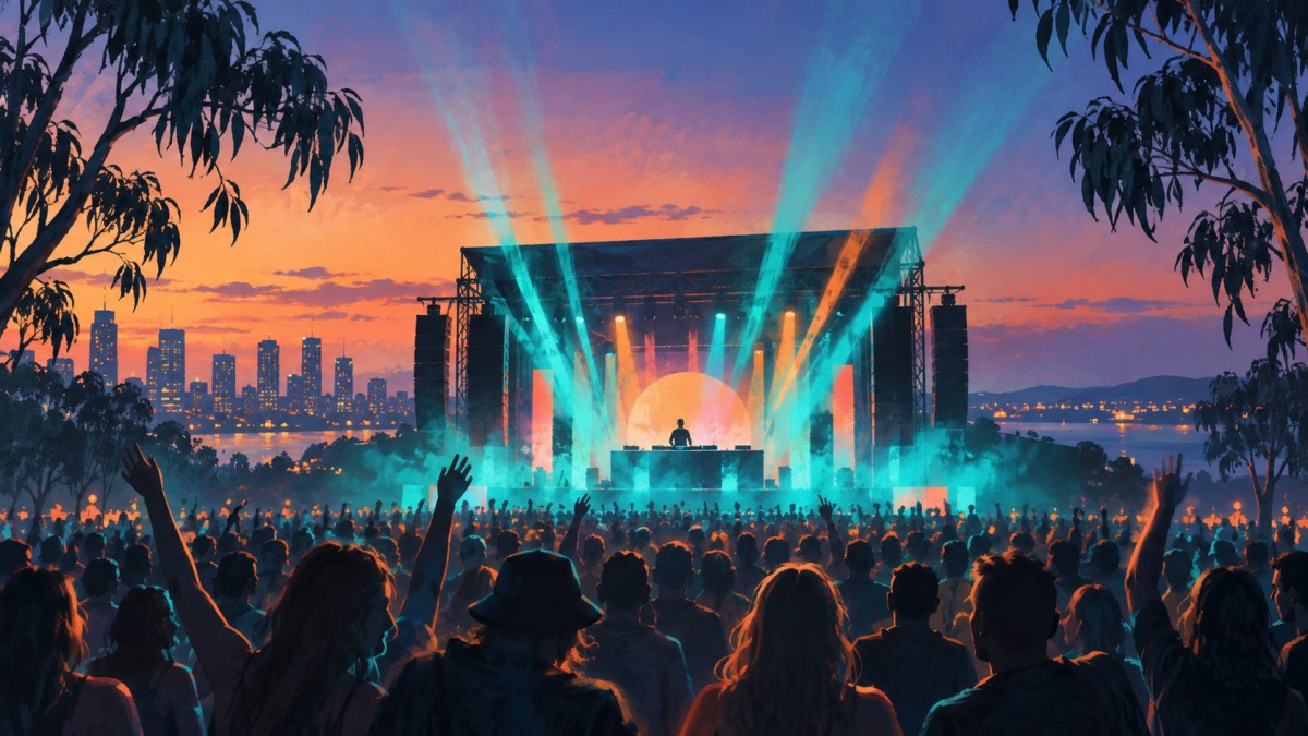AI-generated editorial illustration of an outdoor electronic music stage at sunset, with teal lights, a cheering crowd and eucalyptus trees.