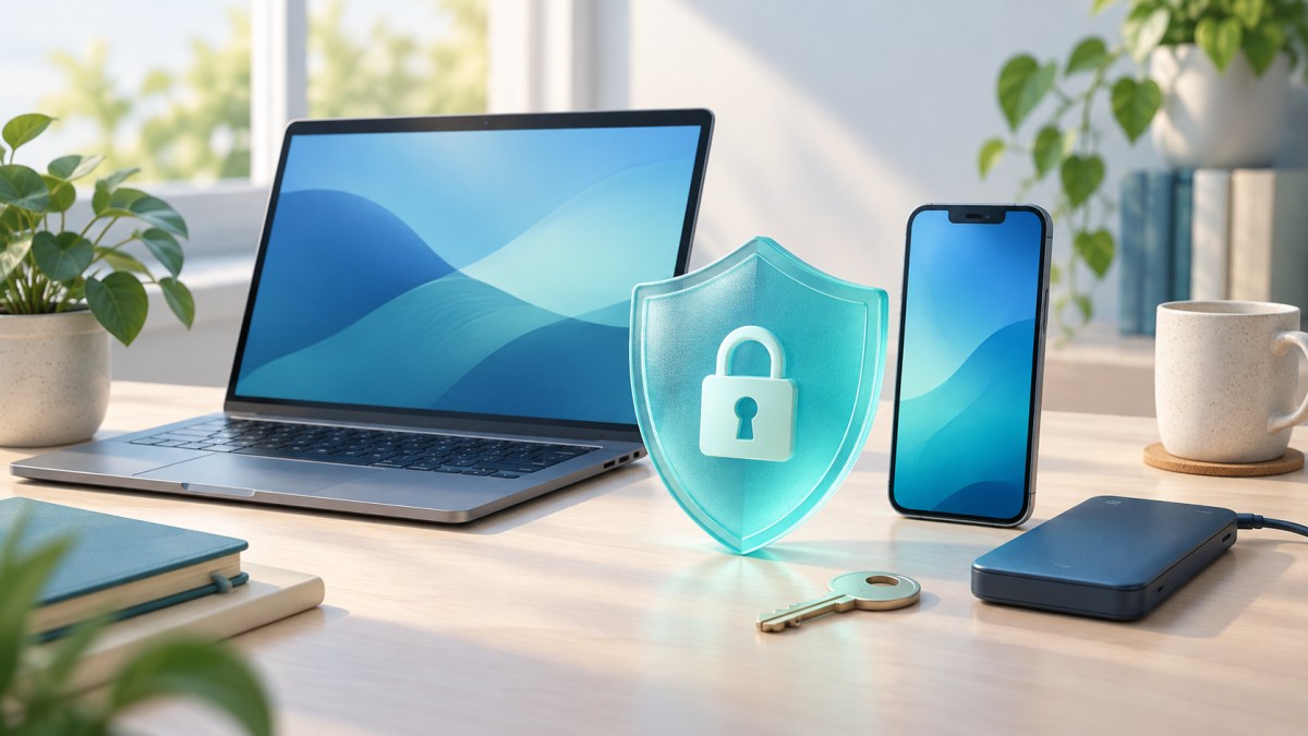 AI-created illustration of a laptop, smartphone and turquoise shield with a padlock beside a key and backup drive on a bright desk.