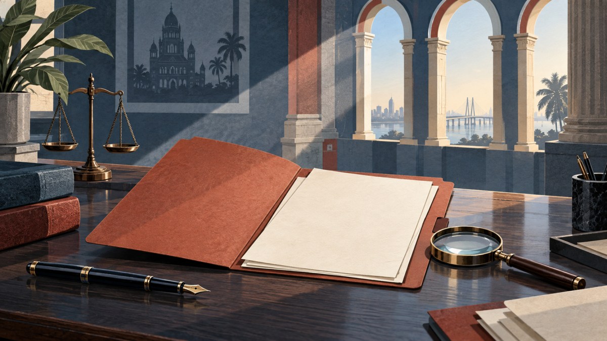 Neutral AI illustration of a blank case folder, pen and magnifier in a fictional courthouse setting.