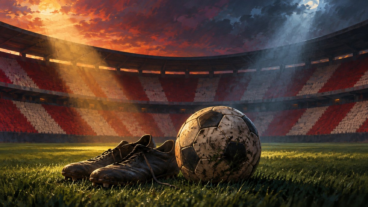 AI-generated editorial illustration of a football and boots in an abstract red-and-cream stadium at twilight.