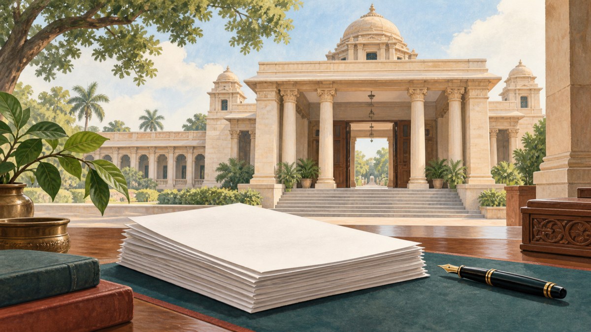 AI illustration of blank complaint papers and a pen facing a fictional sandstone civic building in Karnataka.