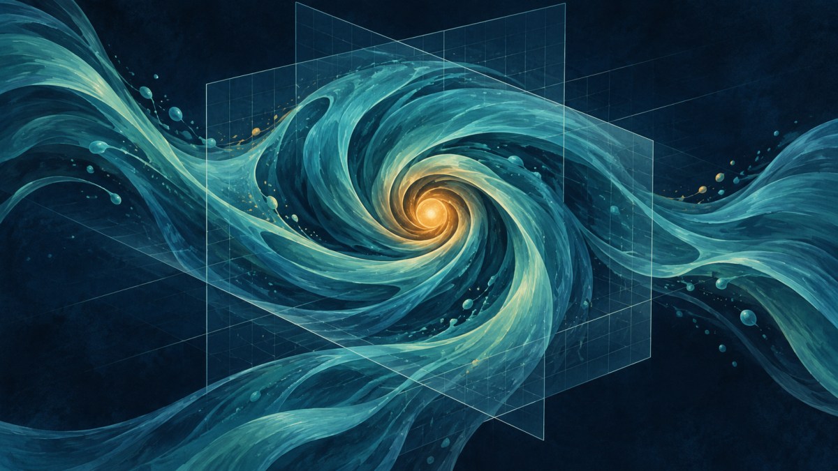 AI-generated conceptual illustration of a teal fluid vortex crossing a geometric grid.