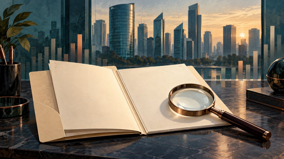 AI-generated illustration of a blank prospectus and magnifying glass overlooking an abstract financial district.