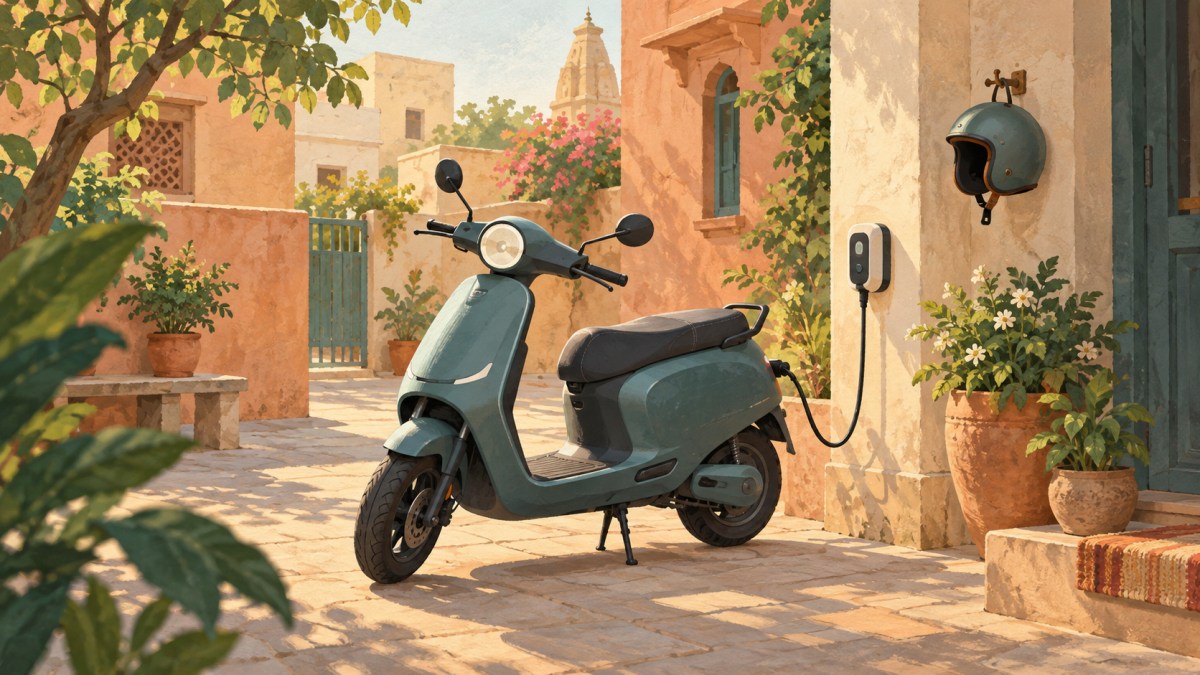 AI-generated conceptual illustration of a generic electric scooter charging in an Indian courtyard; not an actual Ola model.