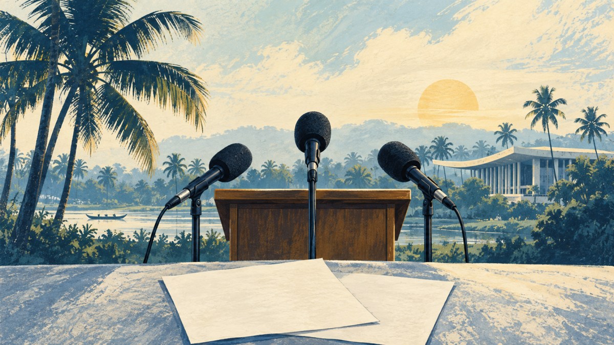 AI illustration of microphones at an empty lectern with coconut palms and a fictional Kerala civic building.