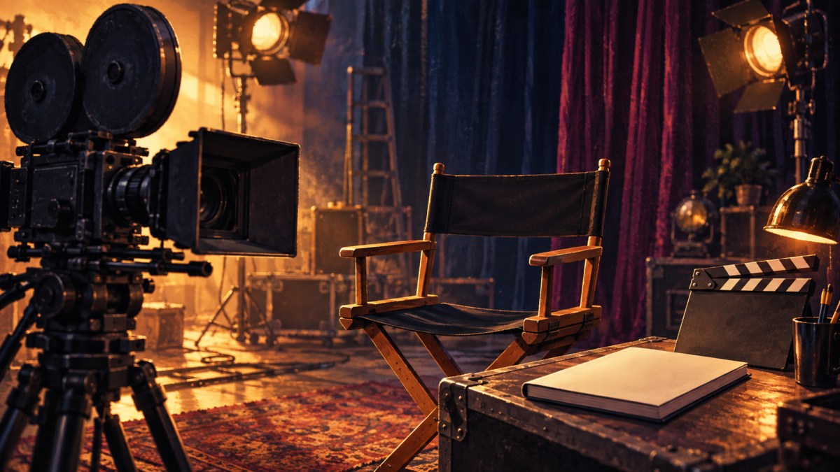 AI illustration of an empty director’s chair beside a film camera, blank screenplay and studio lights.