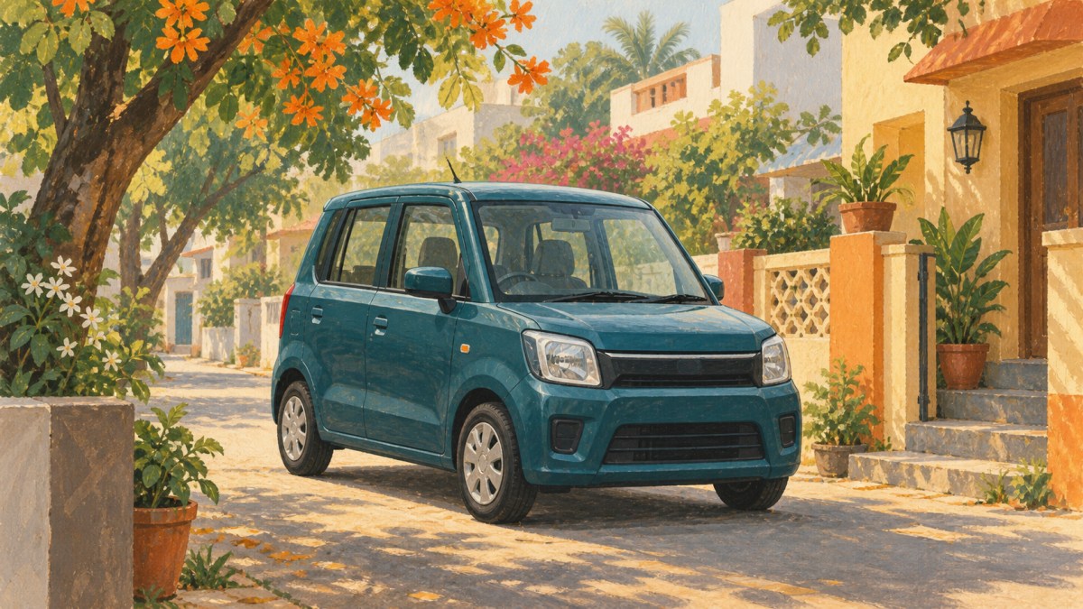 AI-generated conceptual illustration of a generic tall-roof hatchback on an Indian lane; not a product photograph.