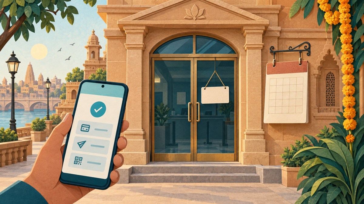 AI editorial illustration of a generic sandstone bank, blank calendar and smartphone for regional bank holiday planning.