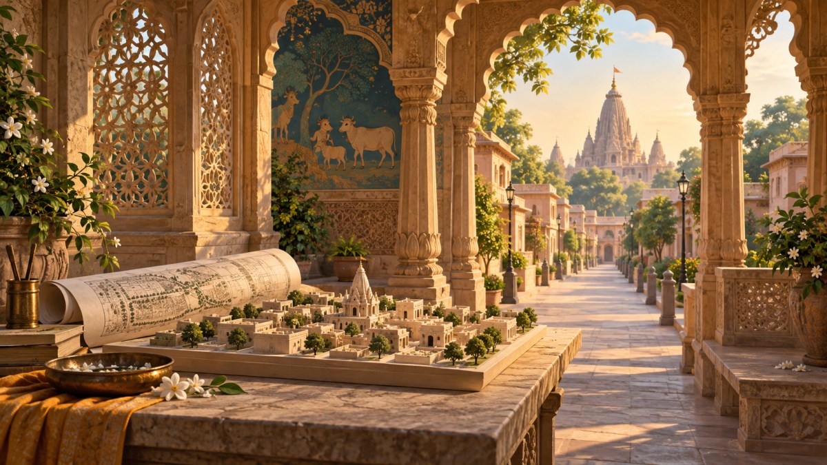 AI conceptual illustration of a Braj-inspired courtyard, architectural model and imagined temple passage; not the actual corridor design.