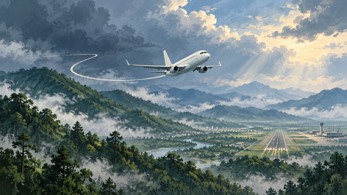 AI conceptual illustration of an unbranded aircraft above misty foothills and an airport runway.