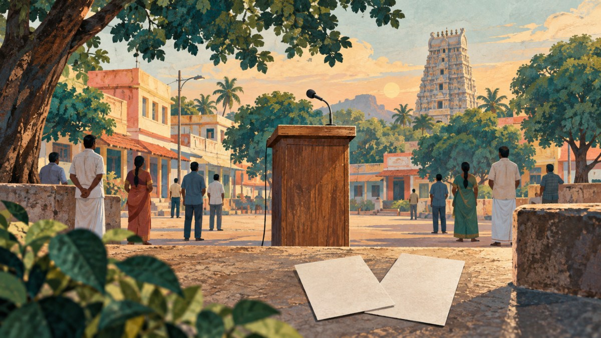 AI editorial illustration of an empty speaking podium and anonymous citizens in a Tamil Nadu town; not a photograph of an actual campaign event.