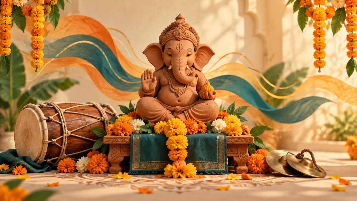 AI illustration of a terracotta Ganesha idol with a dhol, brass cymbals and marigolds.