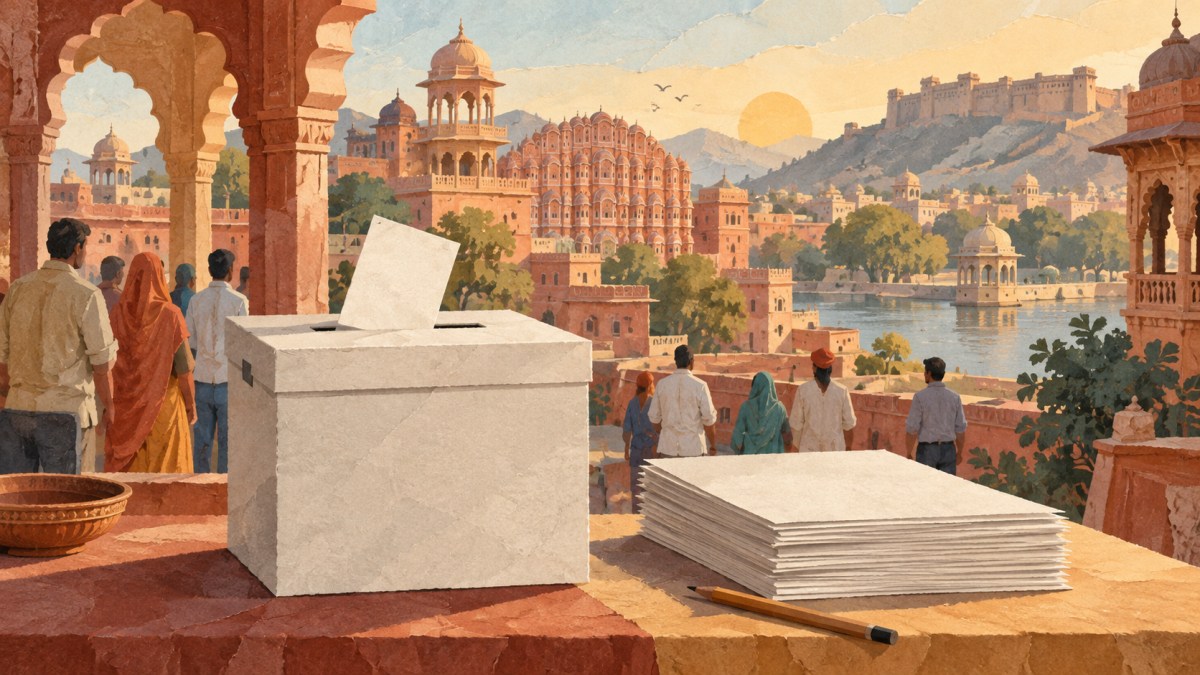 AI editorial illustration of a generic ballot box and counting papers against Rajasthan architecture; not a photograph of a polling centre.