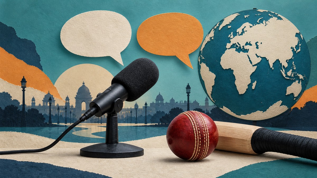 AI editorial illustration of a cricket ball, broadcast microphone, empty speech bubbles and globe.