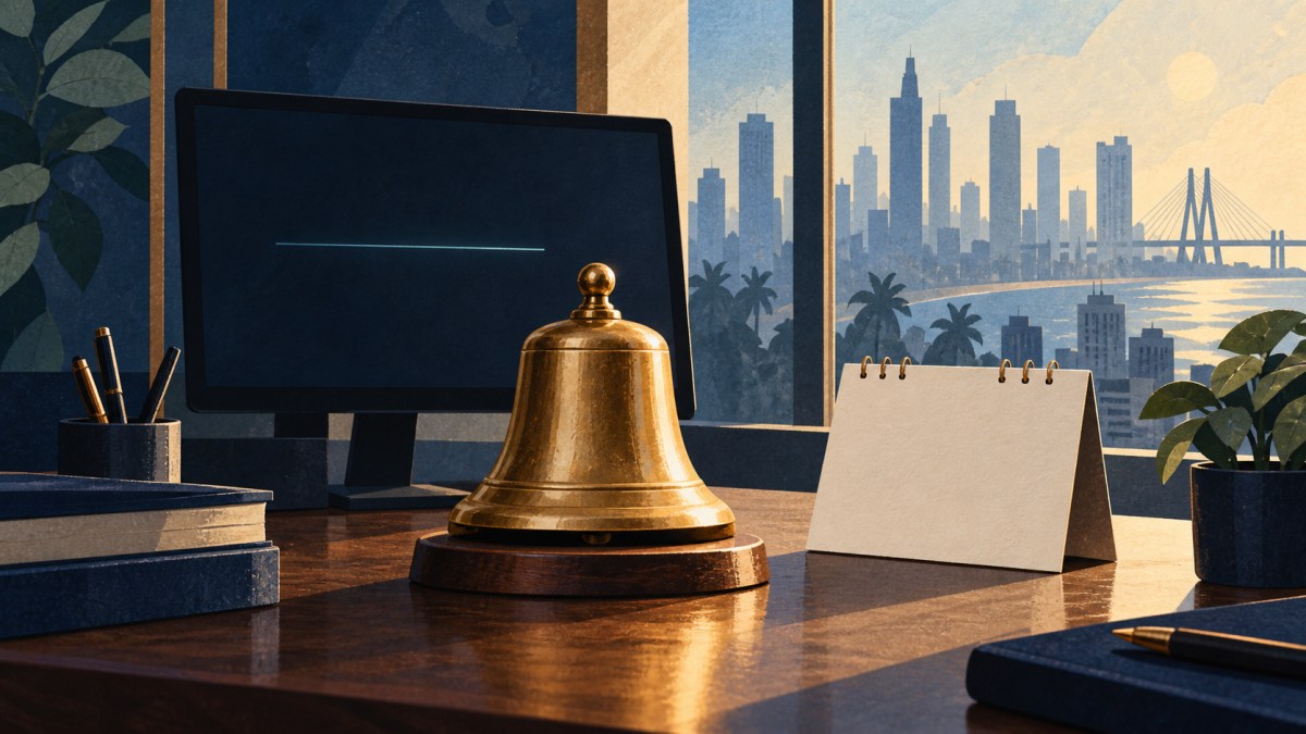 AI conceptual illustration of a motionless brass market bell beside a sleeping trading screen and a blank desk calendar.