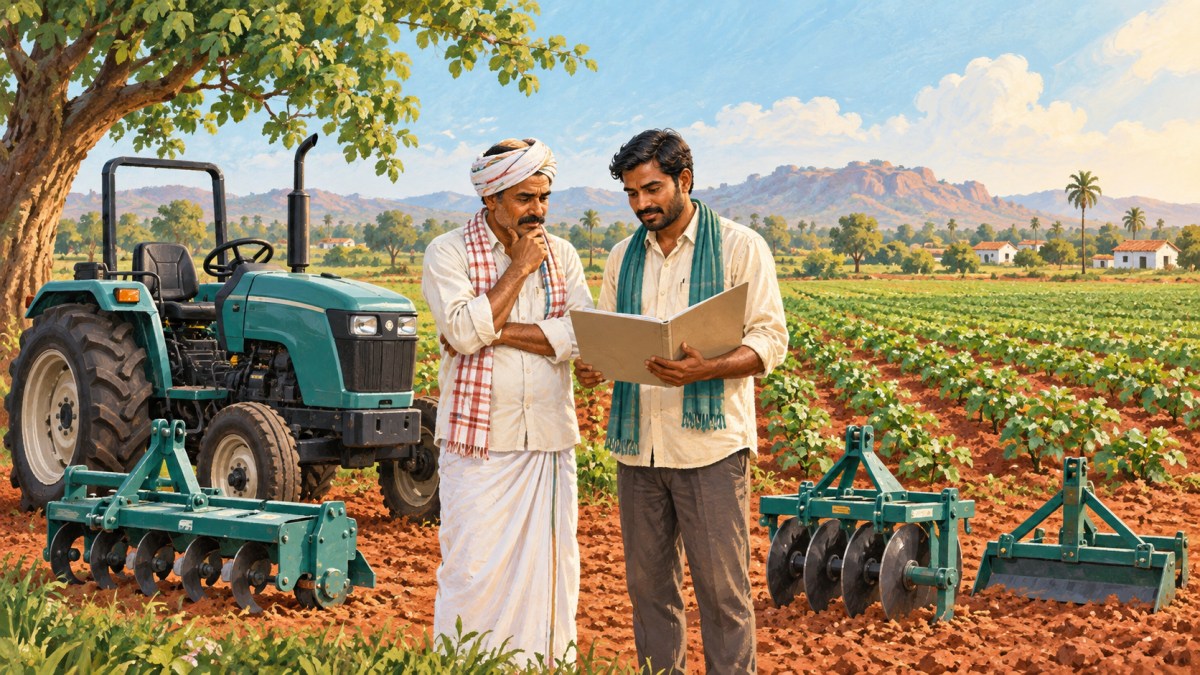 AI editorial illustration of two generic farmers reviewing a blank purchase folder beside a tractor and farm implements in a Deccan field.