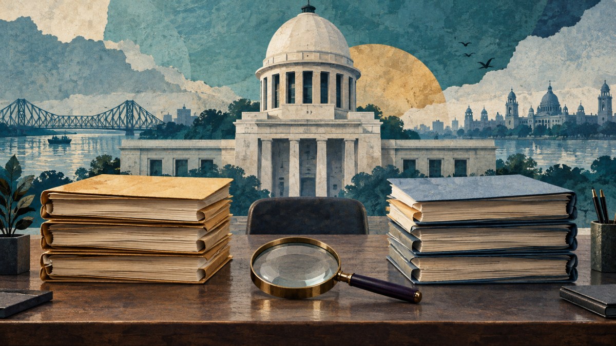 AI conceptual illustration of two equal stacks of documents being reviewed, with Kolkata architecture in the distance; no real hearing is depicted.