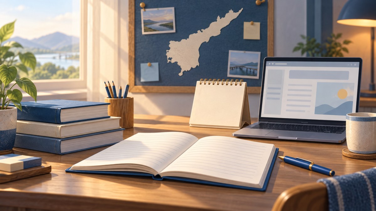 AI editorial illustration of a study desk with books, a blank calendar and a laptop beside an Andhra Pradesh map.