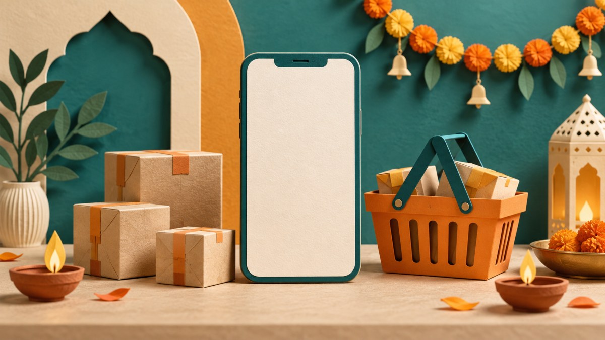 AI illustration of a blank-screen phone, parcels and a shopping basket with festive decorations.