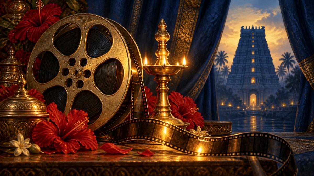 AI conceptual illustration of a cinema reel and glowing brass lamp with a temple silhouette; not an official movie still.