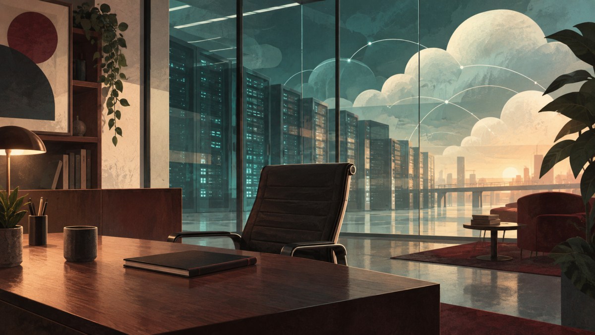 AI conceptual illustration of an empty office chair and notebook overlooking glowing server racks, representing a changing technology workforce.