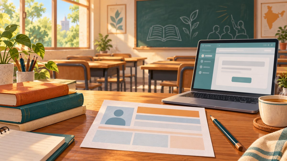 AI illustration of a blank admit card, laptop and books on a classroom desk, representing preparation for a teaching recruitment examination.