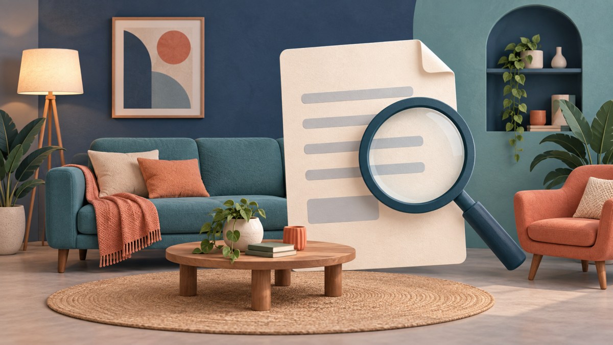 AI illustration of a living room, abstract application sheet and magnifying glass representing an allotment check.