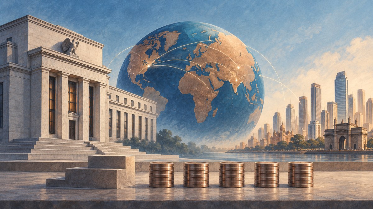 AI illustration of a central-bank building, a connected globe, coin stacks and an Indian skyline.