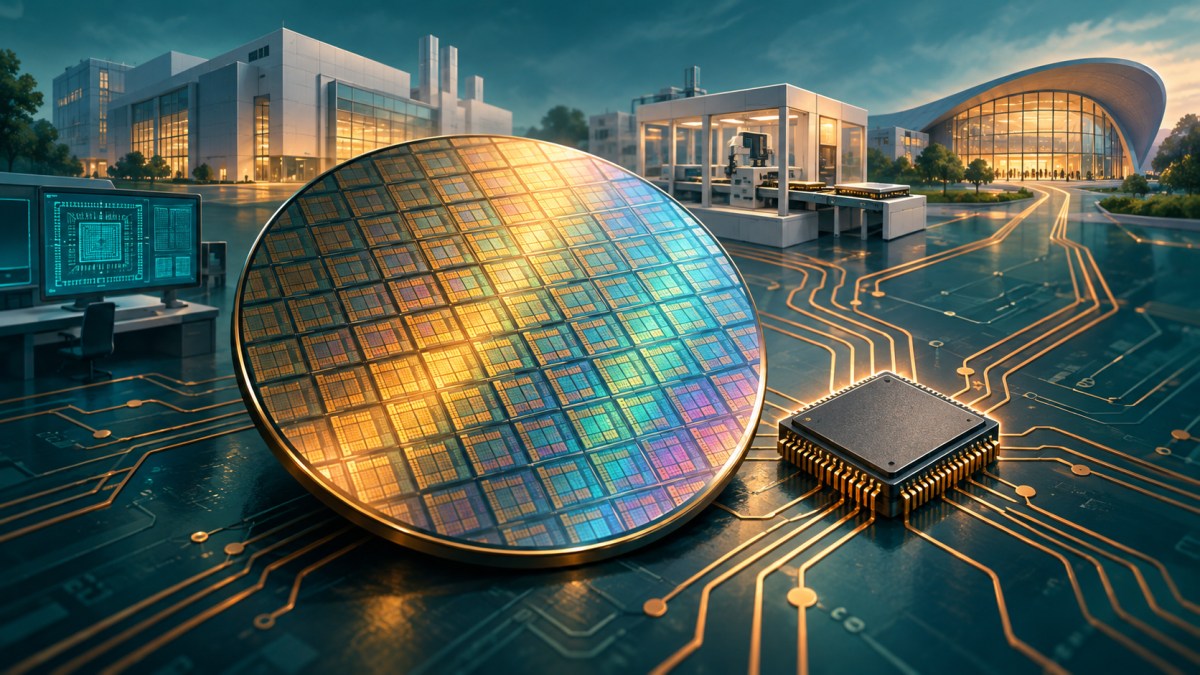 AI conceptual illustration of a silicon wafer and microchip linked by copper circuits to imagined technology facilities.