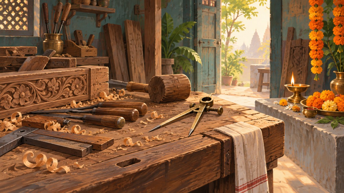 AI illustration of woodworking tools and carved timber beside marigolds and a brass lamp in a sunlit Indian workshop.
