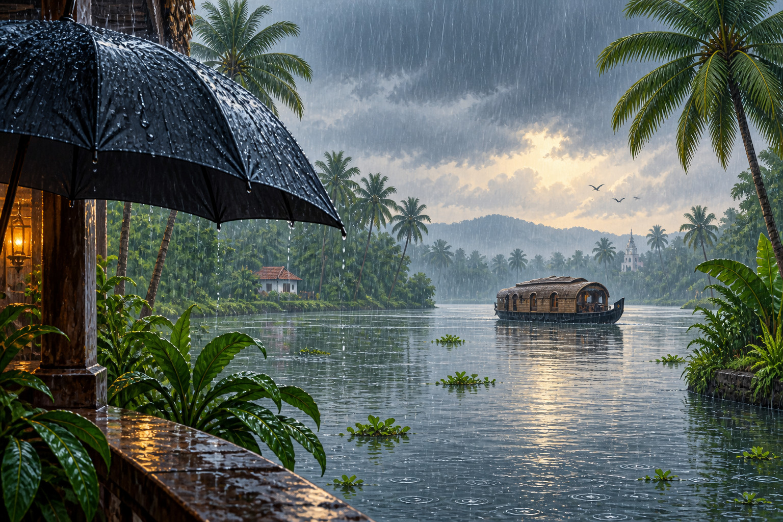 AI-generated editorial illustration of monsoon rain over Kerala backwaters; not a current weather photograph