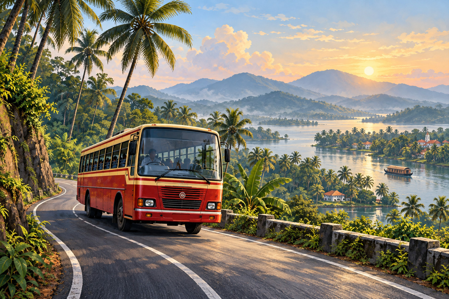 AI-generated editorial illustration of a red public bus on a palm-lined Kerala road