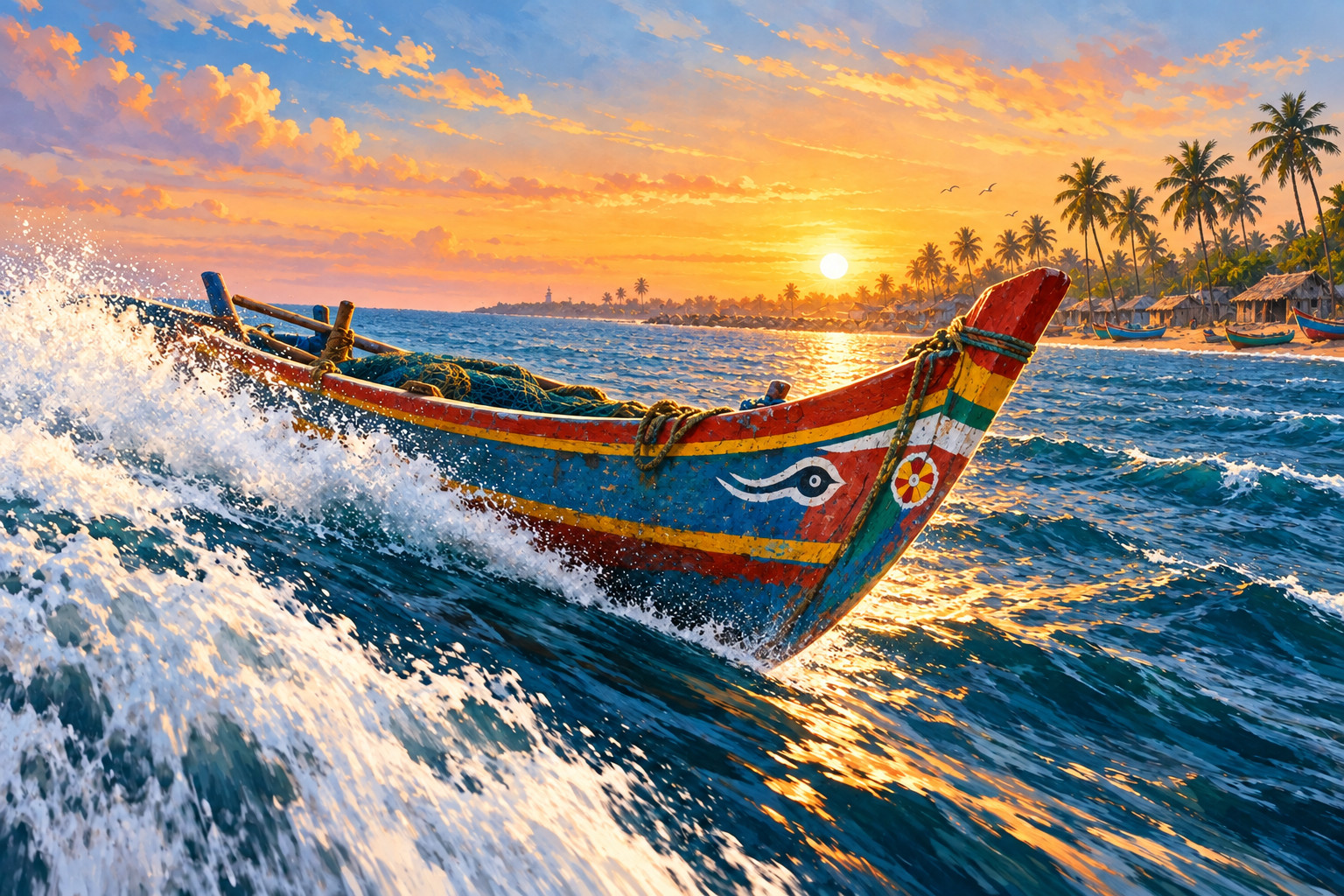 AI-generated conceptual illustration of a wooden racing boat at sea; not a Mandaadi film still
