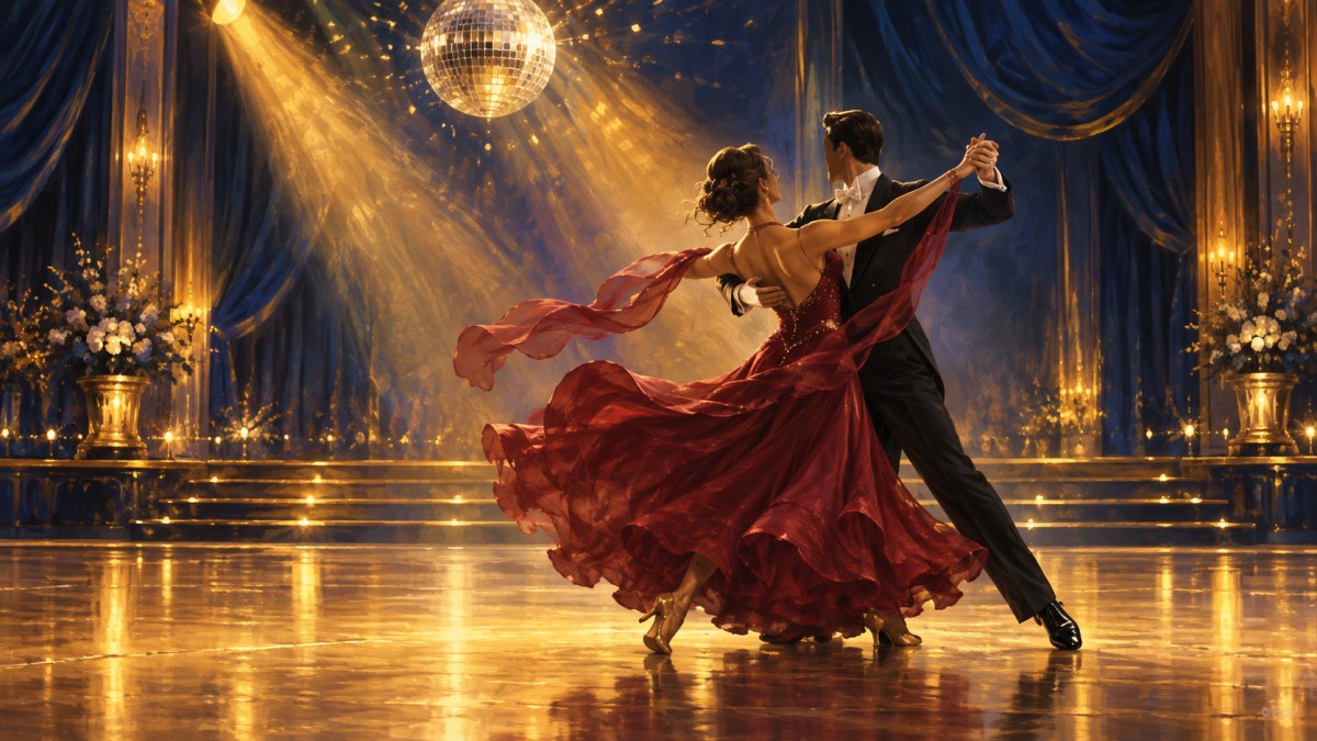 AI-created editorial illustration of anonymous ballroom dancers beneath golden stage lights and a mirrored disco ball.
