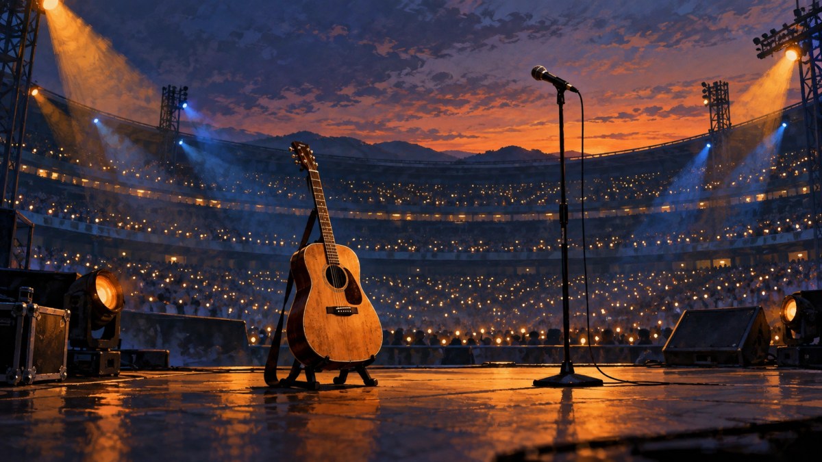 AI-generated editorial illustration of an acoustic guitar and empty microphone on an imaginary stadium stage at twilight.