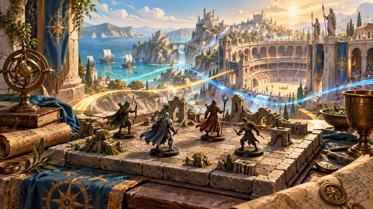 AI-created fantasy illustration of four adventurer figurines on a stone strategy board overlooking an imagined coastal arena.