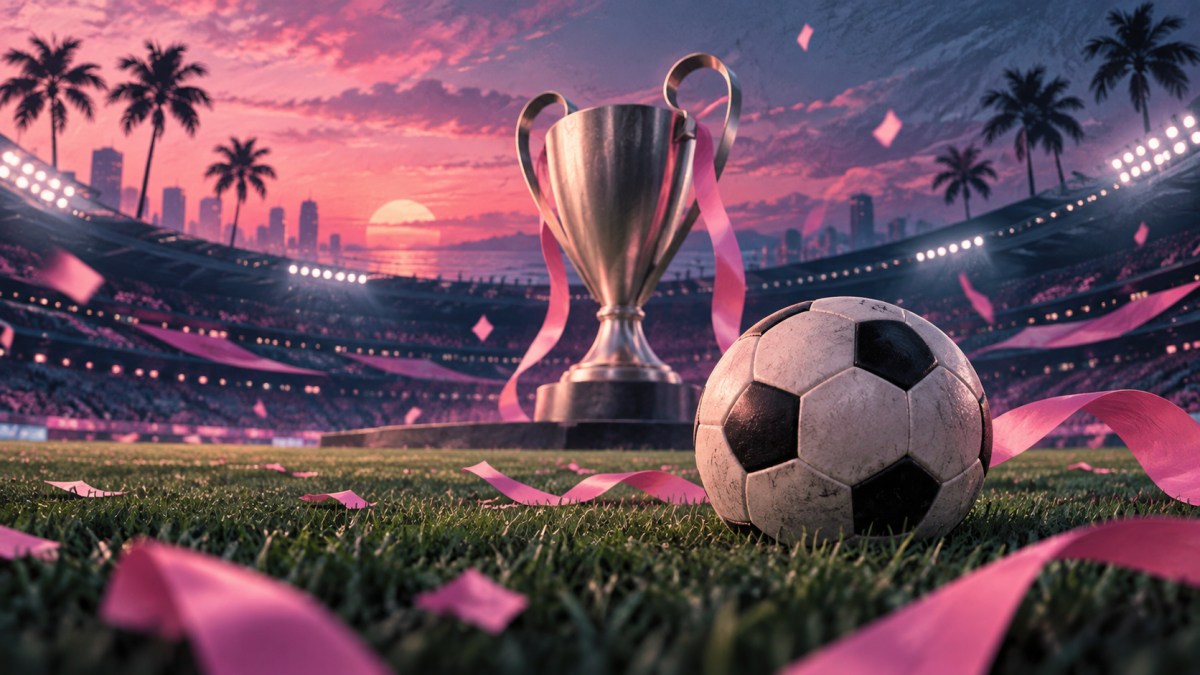 AI-created conceptual illustration of a soccer ball and unbranded silver trophy with pink ribbons in a palm-lined stadium at dusk.