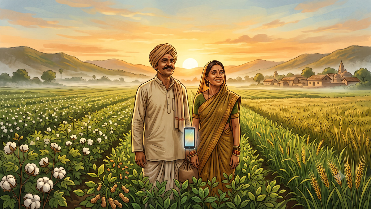 AI-generated illustration of Indian farmers in green fields at sunrise, created with Gemini for the PM-KISAN article