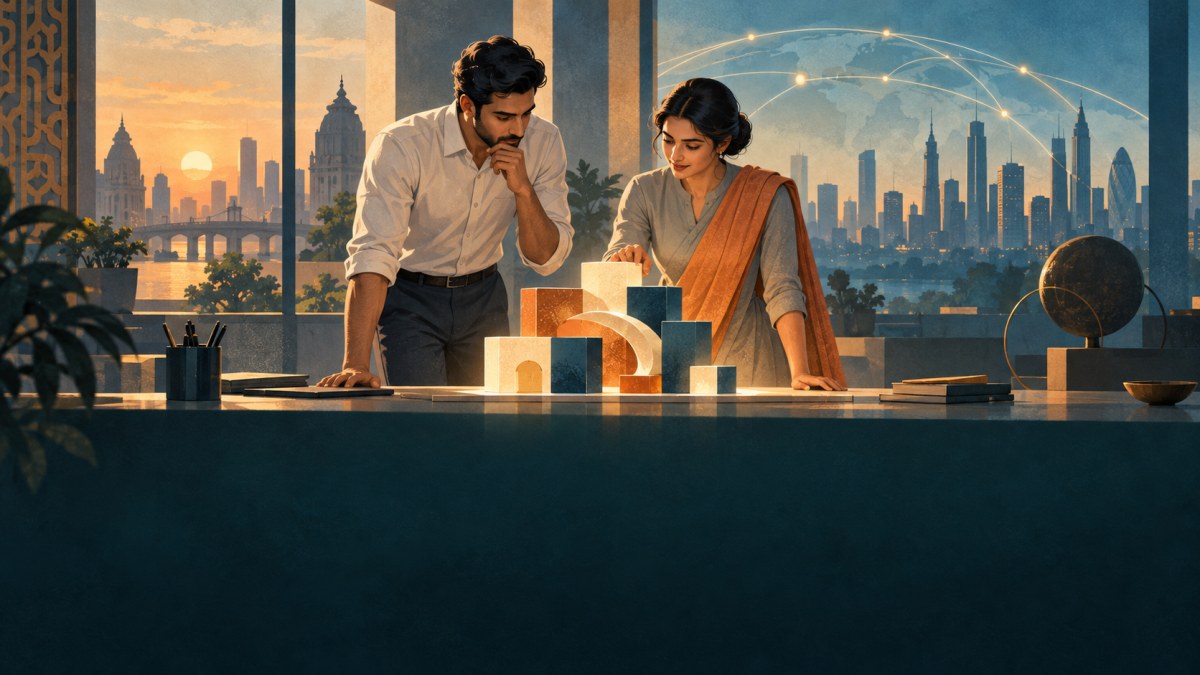 AI editorial illustration of two fictional Indian professionals studying interlocking blocks in an imagined technology office.
